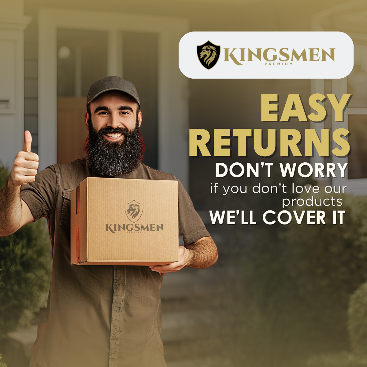 Man holding a Kingsmen box with promotional text about easy returns.
