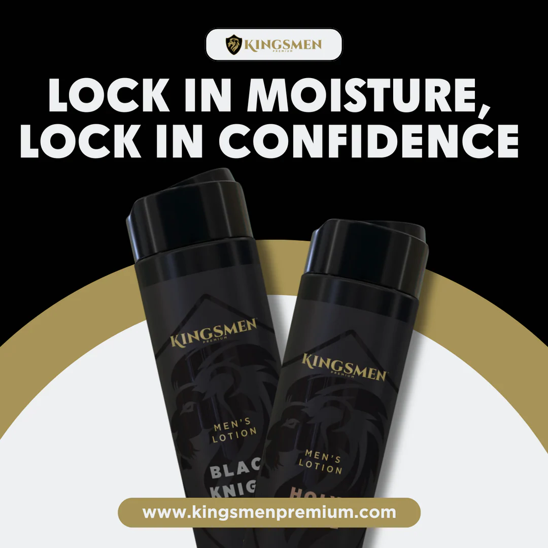 Two Kingsmen Black Knig Men's Lotion bottles on a black and gold promotional background with the text 'LOCK IN MOISTURE, LOCK IN CONFIDENCE' and the Kingsmen brand logo.