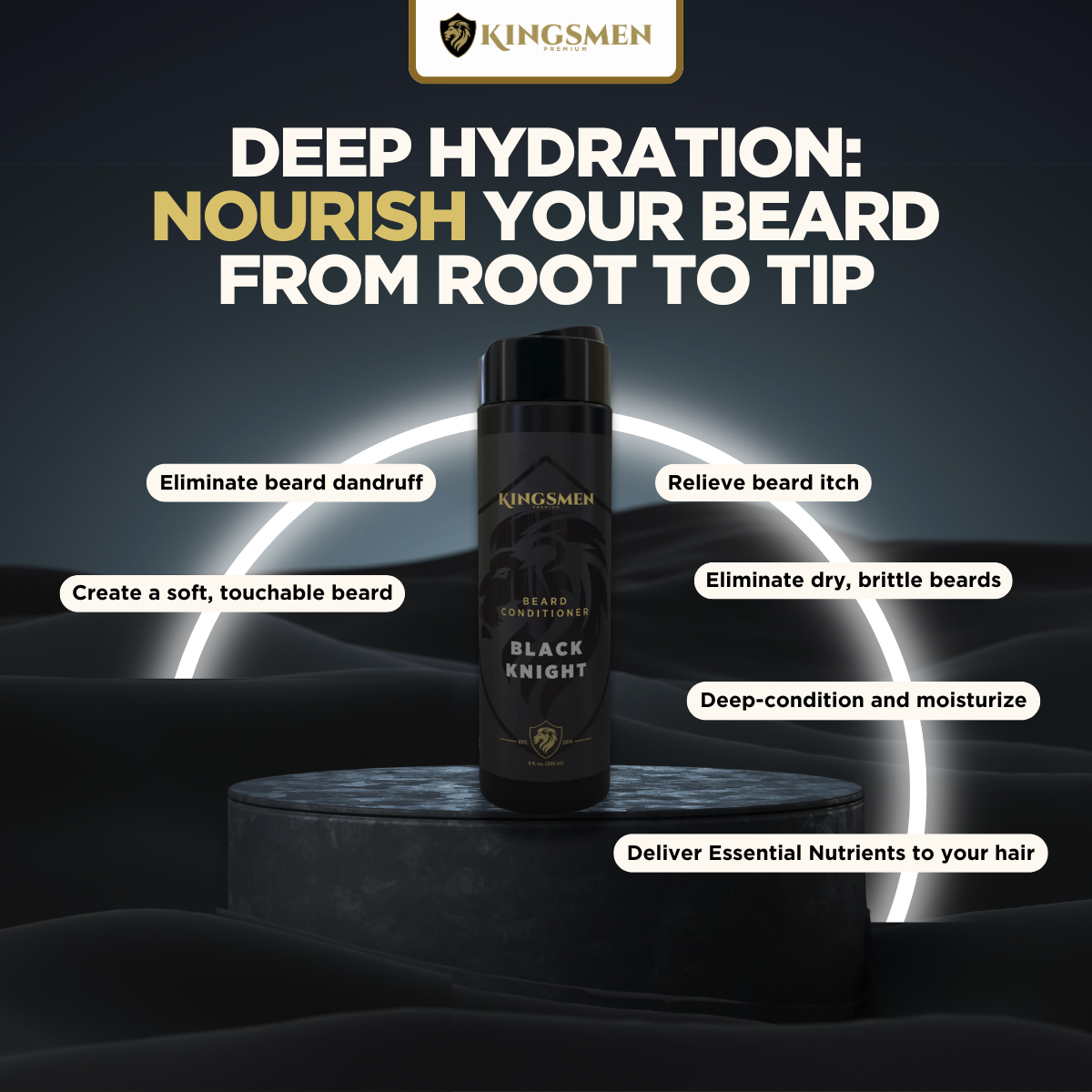 Kingsmen Black Knight beard conditioner bottle with promotional text on a dark background