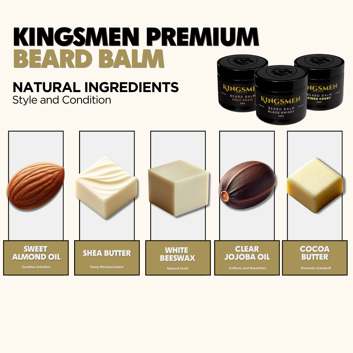 Kingsmen Premium Beard Balm packaging with natural ingredients displayed.