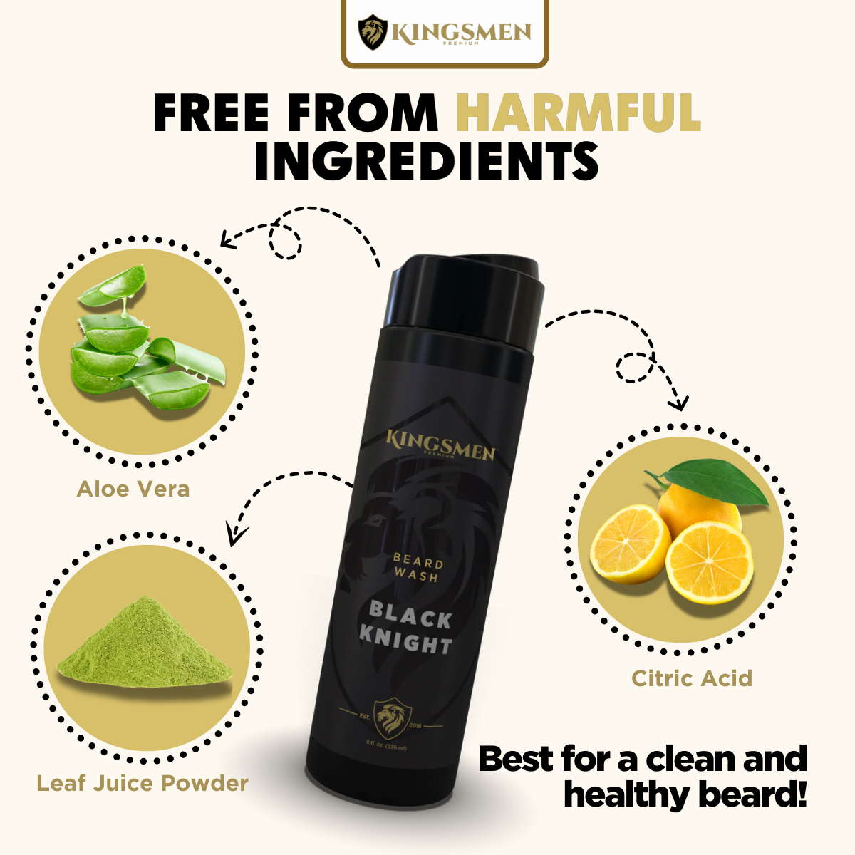 Kingsmen Black Knight beard wash bottle with a few of its natural ingredients labeled on a white background 4