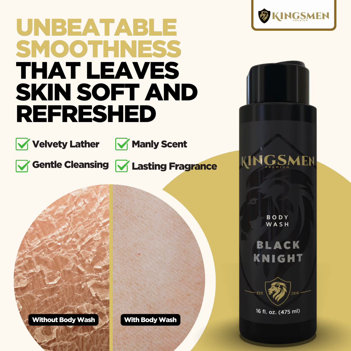 Kingsmen Black Knight body wash bottle with text highlighting product benefits on a yellow background. "Unbeatable smoothness that leaves skin soft and refreshed. Velvety lather, manly scent, gentle cleansing, lasting fragrance.