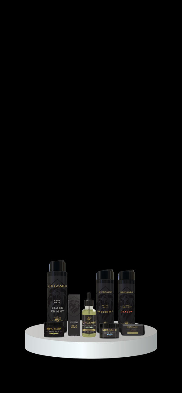 Collection of black skincare products on a white circular stand against a black background