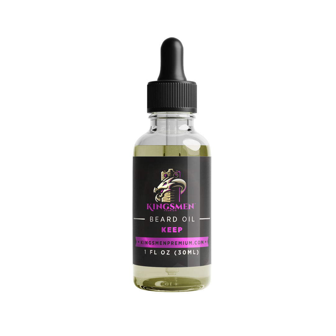 A 1 fl oz (30 mL) glass bottle of Kingsmen Beard Oil in the 'Keep' variant, featuring a black dropper cap and a black label with purple and gold text.