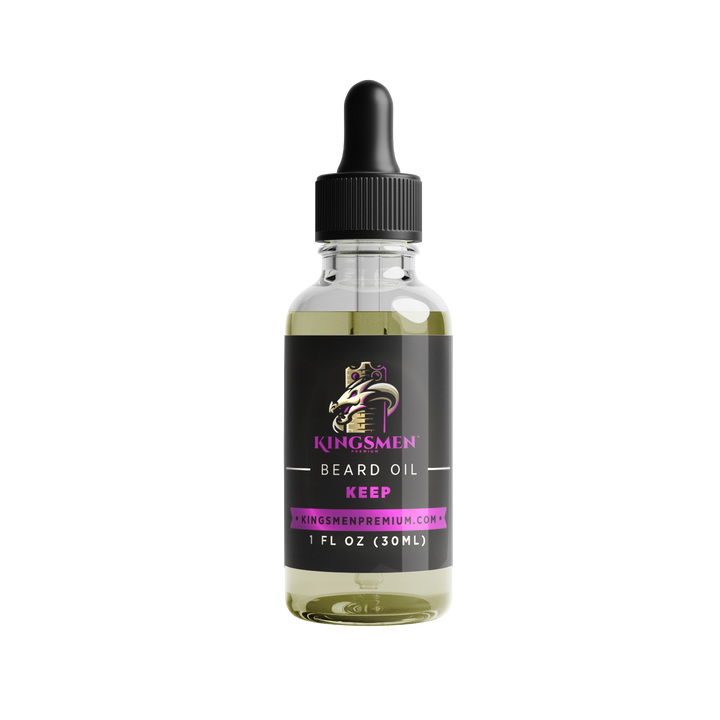 A 1 fl oz (30 mL) glass bottle of Kingsmen Beard Oil in the & - Thumbnail