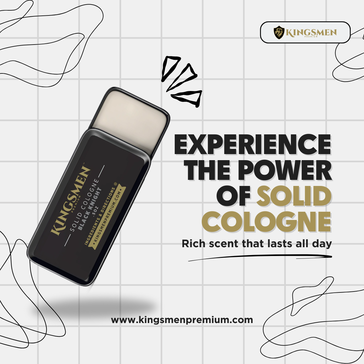 Kingsmen solid cologne packaging on a grid background with promotional text.  Text says, "Experience the power of solid cologne.  Rich scent that lasts all day."