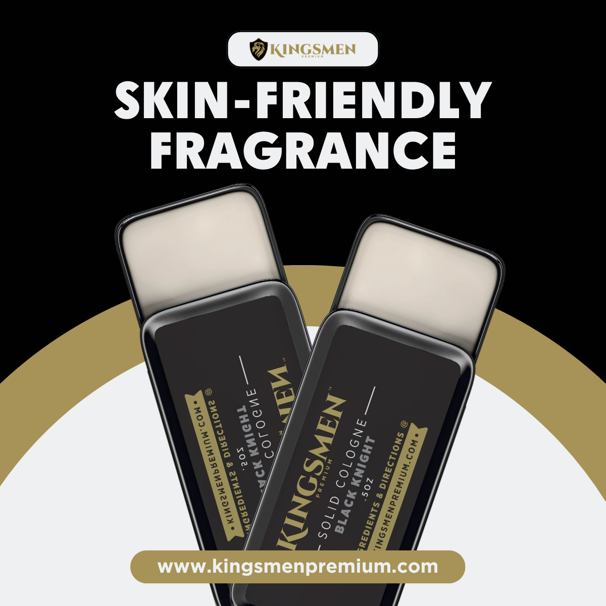 Two Kingsmen Premium cologne tins with 'Kingsmen' branding on a white and gold background. 5