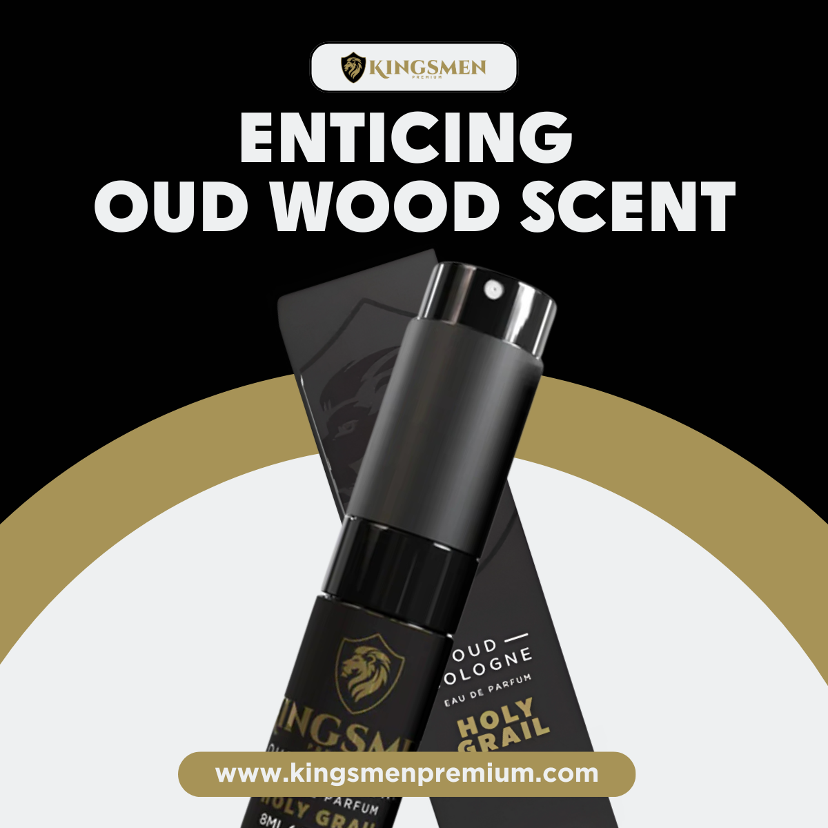 Decorative rendering of Holy Grail Spray cologne that says "Enticing Oud Wood Scent"