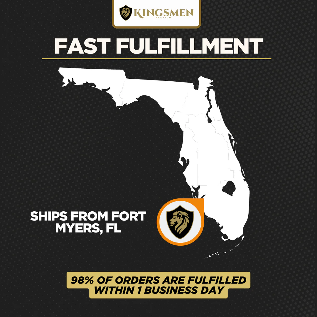 Graphic depiction of the state of florida with a thumbnail pointing to Fort Myers, Florida.  Graphic overlay reads, “Fast fulfillment.  Ships from Fort Myers, FL.  98% of orders are fulfilled within 1 business day.”