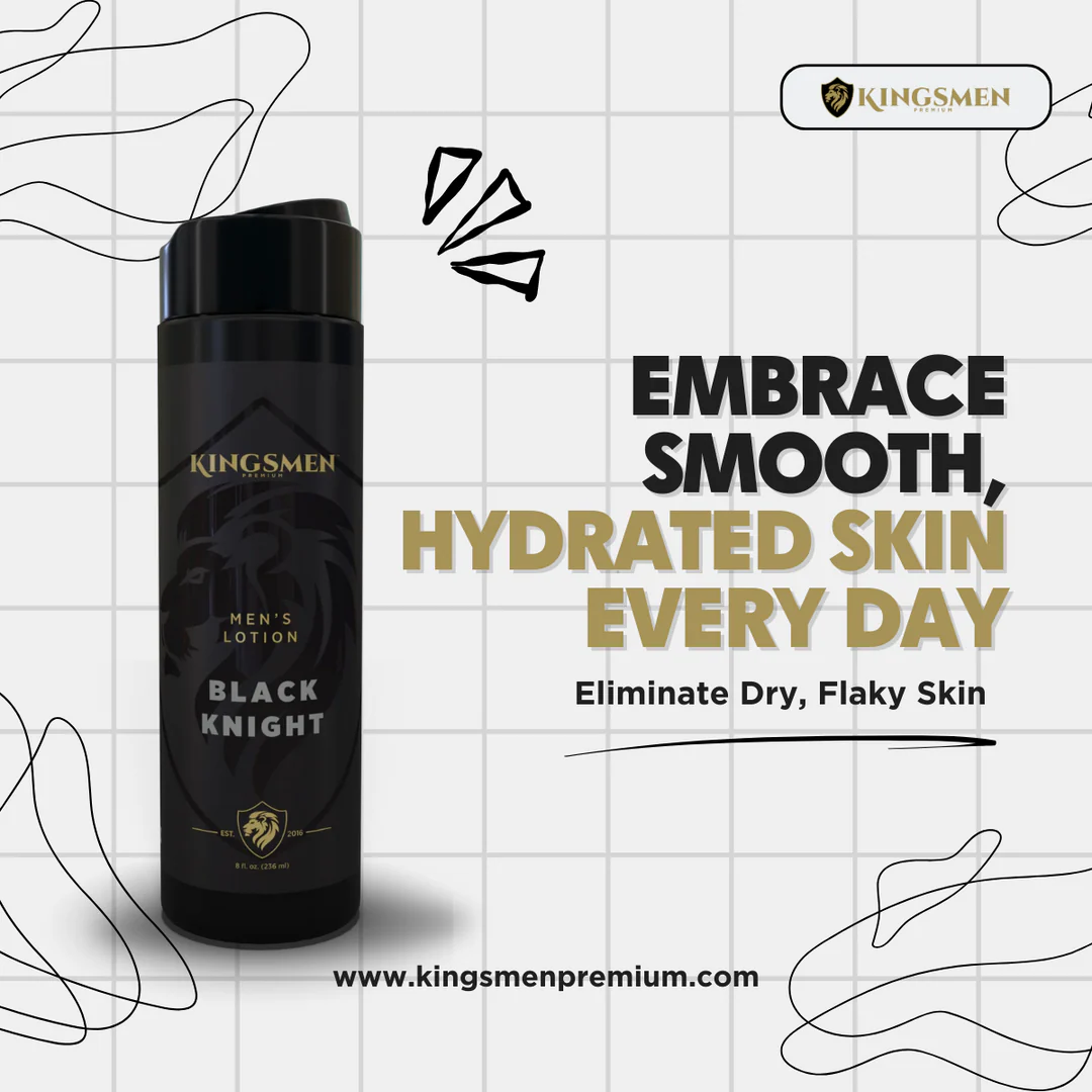 Kingsmen Black Knight men's lotion bottle with promotional text on a grid background