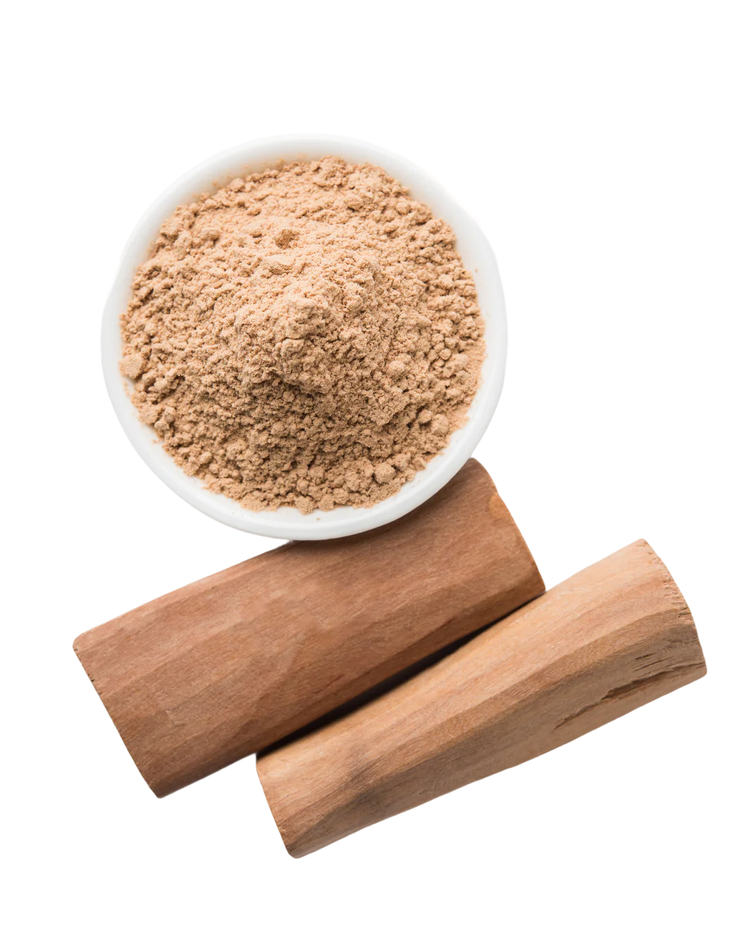 Mahogany powder in a white bowl with two cinnamon sticks on a 
