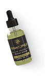 A small dropper bottle with a black cap and black label, containing an olive-green liquid, shown on a plain white background.