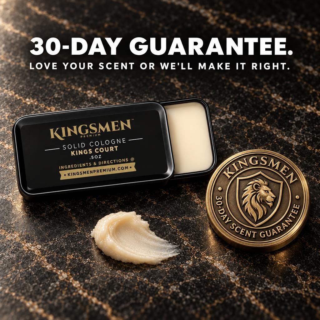 Open Kingsmen solid cologne tin and a dollop of balm on black and gold marble next to a gold coin stamped with the Kingsmen lion-head shield crest and the words 30-Day Scent Guarantee. Headline reads: 30-day guarantee. Love your scent or we'll make it right.