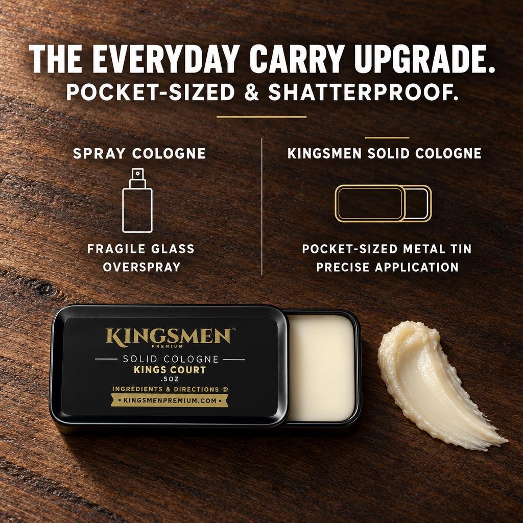 Comparison chart on dark walnut wood: spray cologne in a fragile glass bottle that oversprays versus Kingsmen solid cologne in a pocket-sized metal tin with precise application, shown with an open tin and balm swatch. Headline reads: The everyday carry upgrade. Pocket-sized and shatterproof.