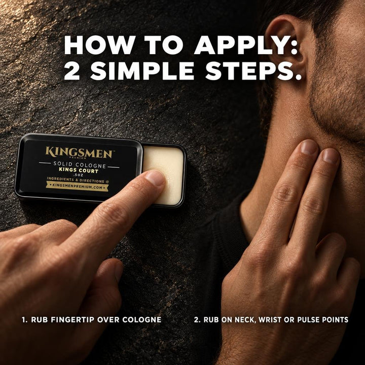 Two-step guide to applying Kingsmen solid cologne. Step 1: a man rubs his fingertip over the balm in an open slider tin. Step 2: he rubs it onto his neck. Text reads: How to apply, 2 simple steps. 1. Rub fingertip over cologne. 2. Rub on neck, wrist or pulse points. - Thumbnail