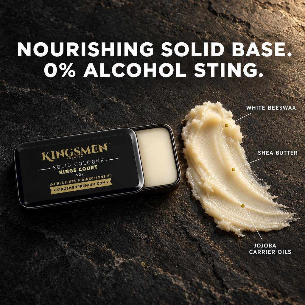 Open Kingsmen solid cologne tin beside a smear of golden-ivory balm on dark stone, with labels pointing to its ingredients: white beeswax, shea butter and jojoba carrier oils. White headline reads: Nourishing solid base. 0% alcohol sting.
