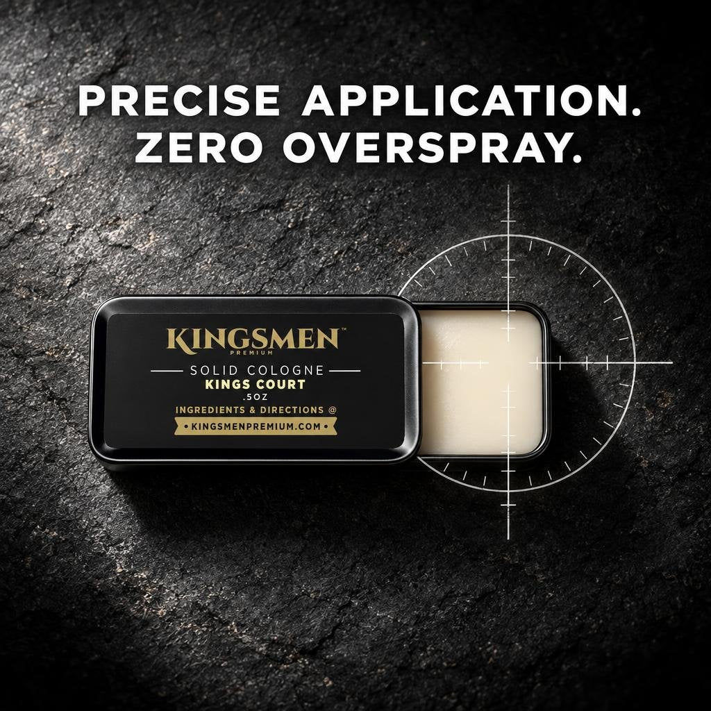 Kingsmen Premium Kings Court solid cologne, 0.5 oz black metal slider tin slid open to show the cream-colored solid balm, on dark textured stone under a circular crosshair graphic. White headline reads: Precise application. Zero overspray.